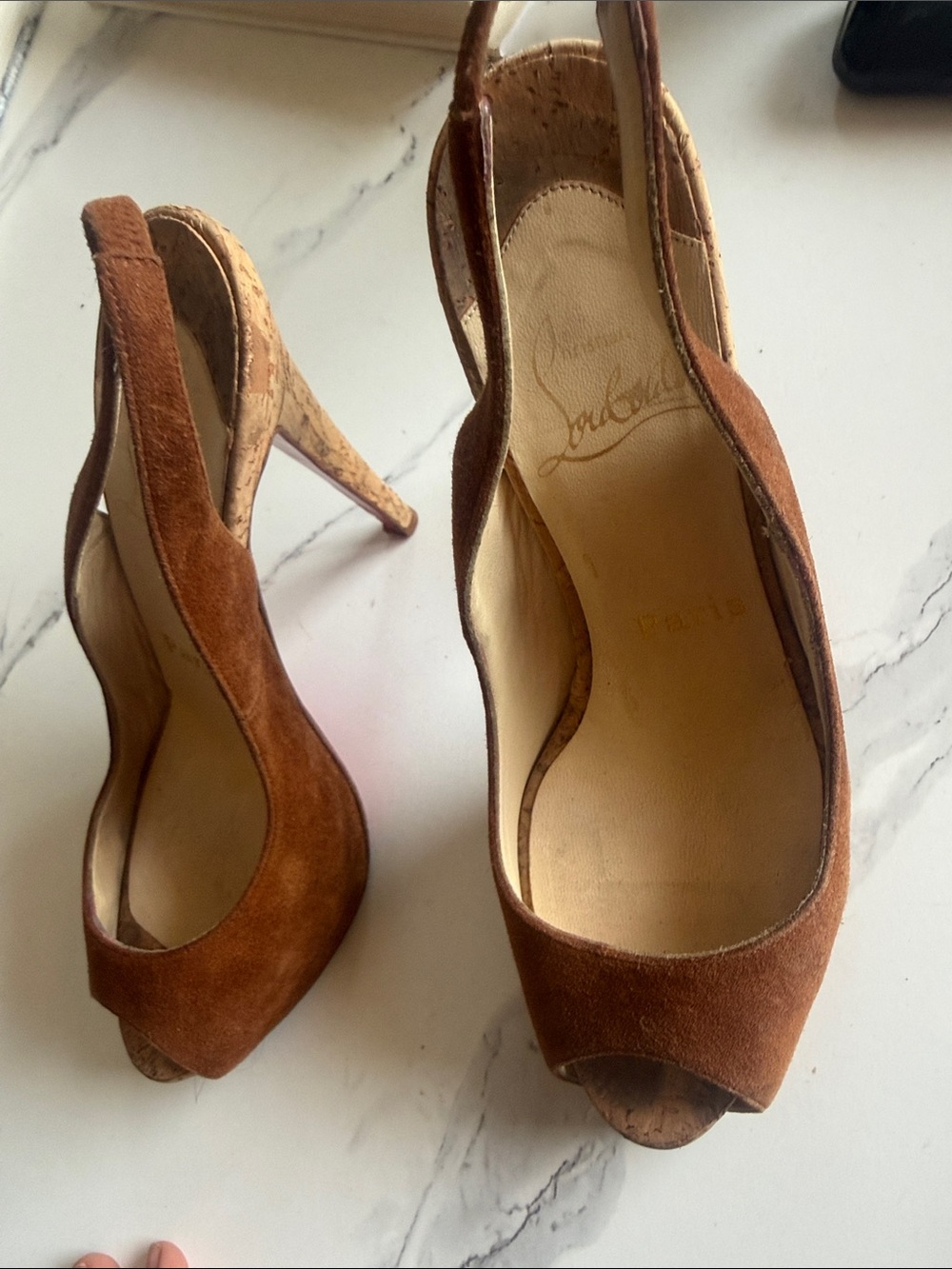 Christian Louboutin Brown Suede Peep-Toe Slingback Heels with Cork Heel